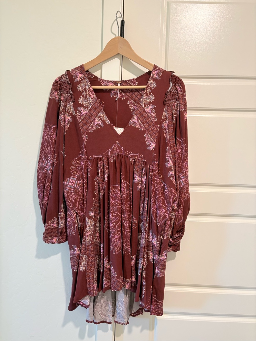 Free People Girl Talk Pomegranate Combo Burgundy Paisley Peasant Tunic Sz S NWT